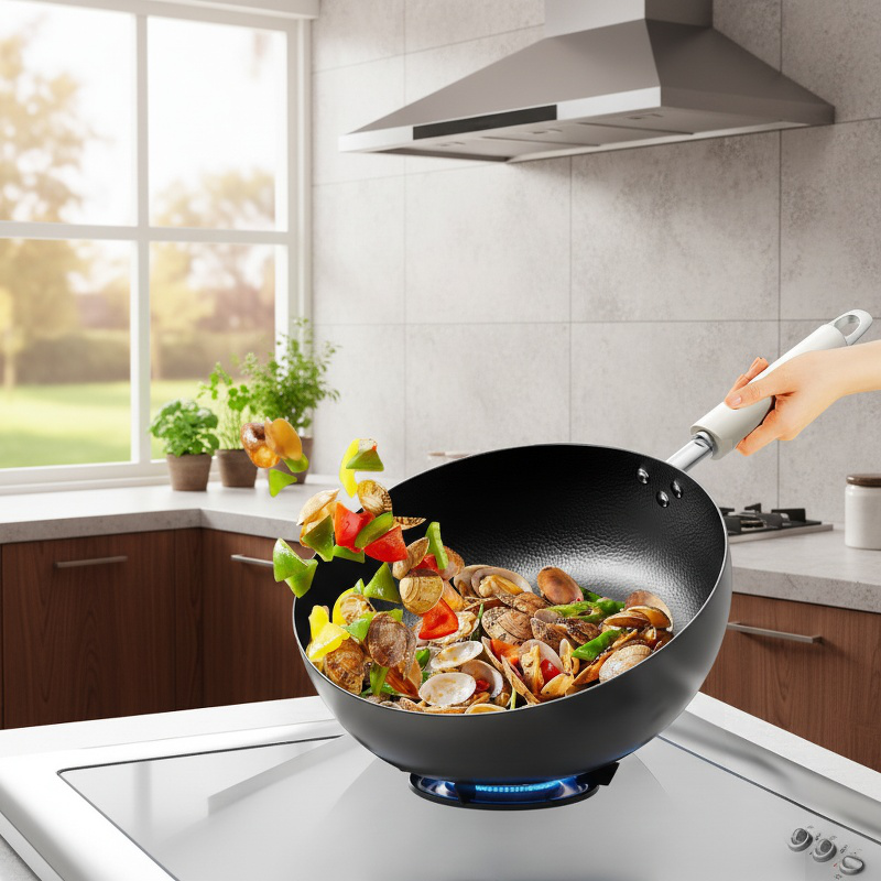 Side view of durable iron frying pan for home use