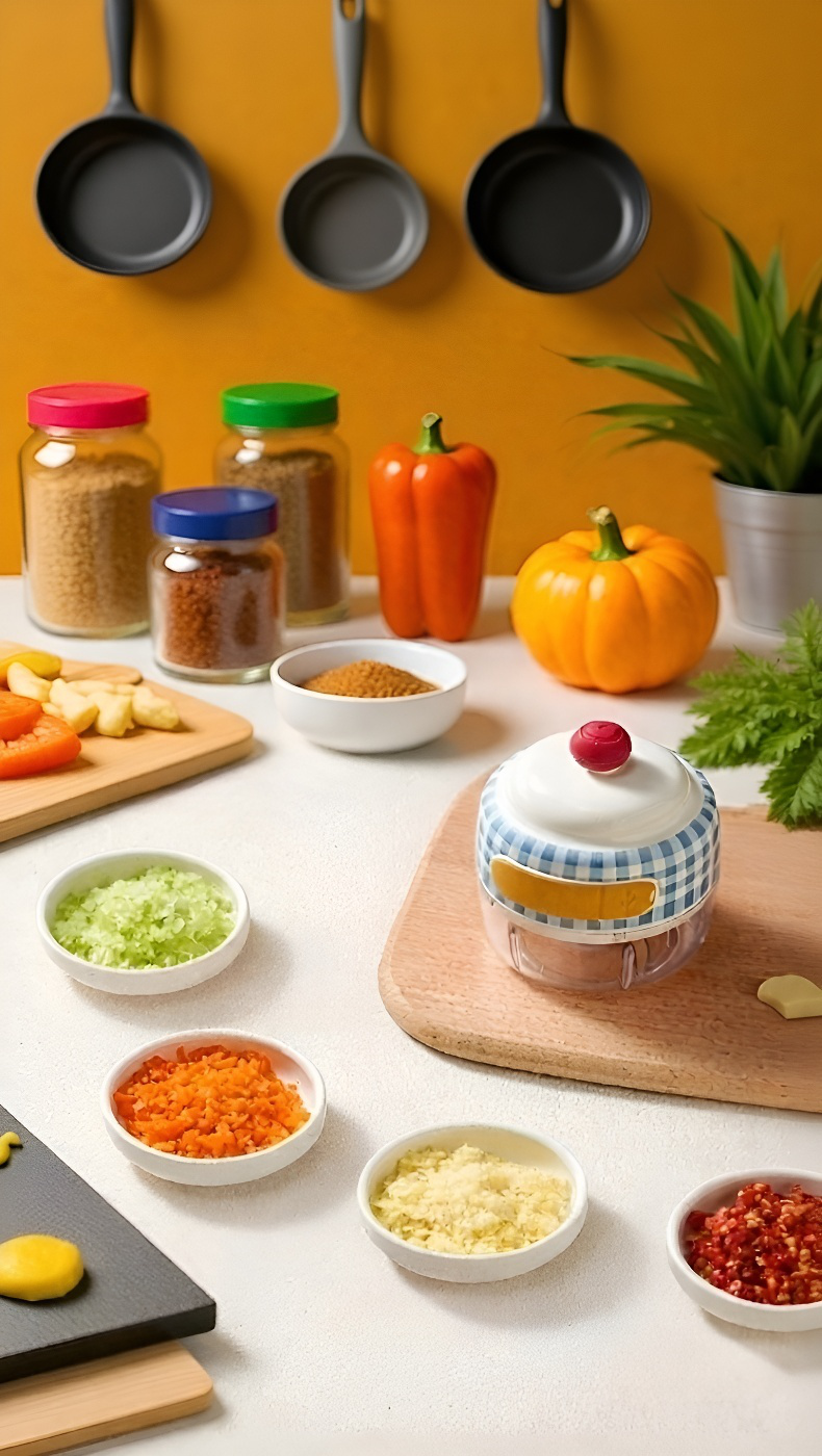 Hands using portable garlic chopper to mince garlic