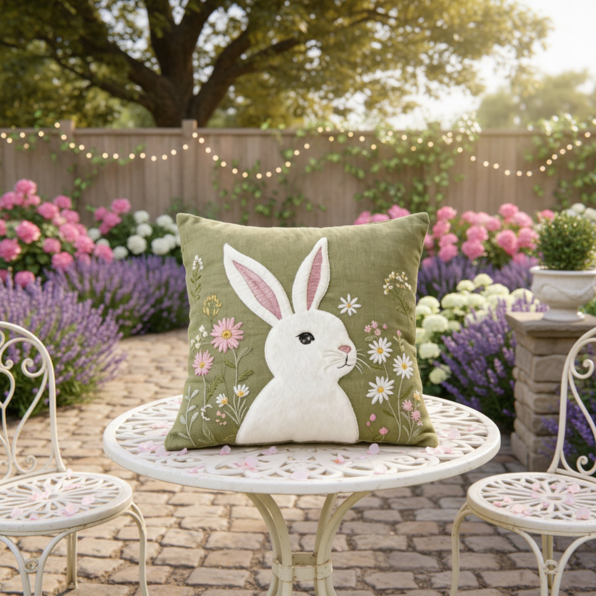 Close-up of Easter bunny embroidery on pillow cover
