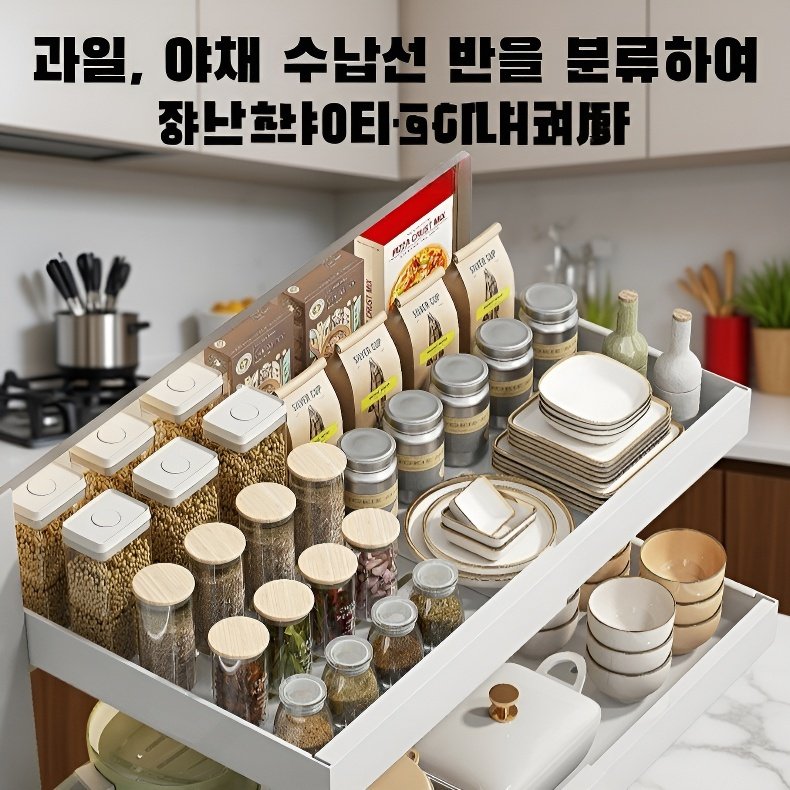 서랍형 펀치프리 수납선반 냄비수납선반 신축성 미끄럼선반 조미료수납선반