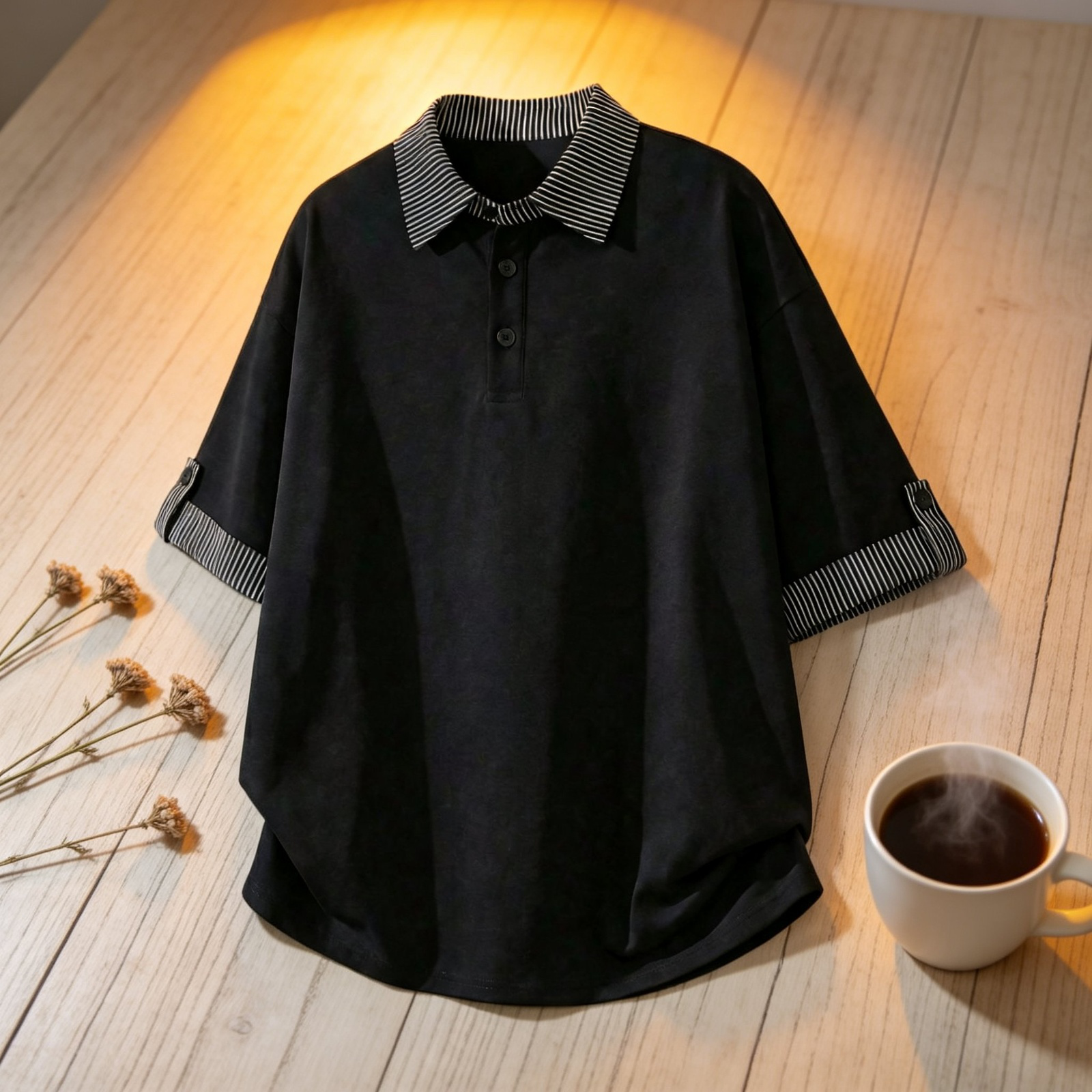 한류 커플룩 오버핏 반팔티, 레이어드 스트라이프 폴로셔츠