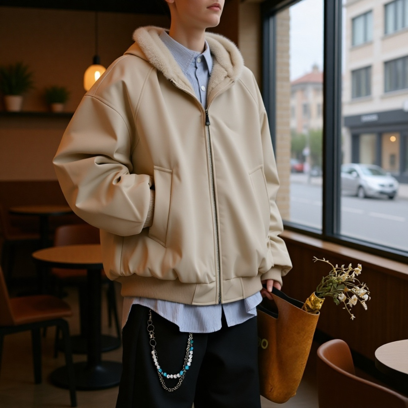 アメリカンスタイルのフリース裏地付きフード付き PU レザージャケット、防風、防寒、メンズ冬用ゆったりコットンパッド入りコート、高級感、厚手で暖かいアウターウェア。