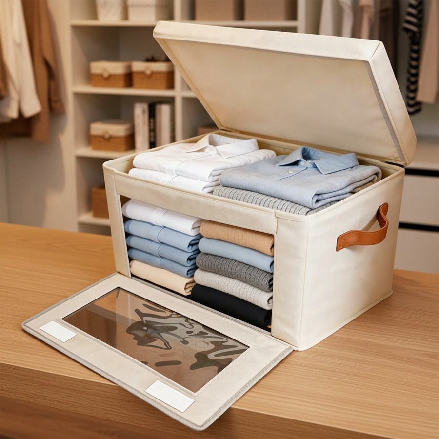 Side-opening fabric folding storage box with lid and transparent window, wardrobe clothing organizer
