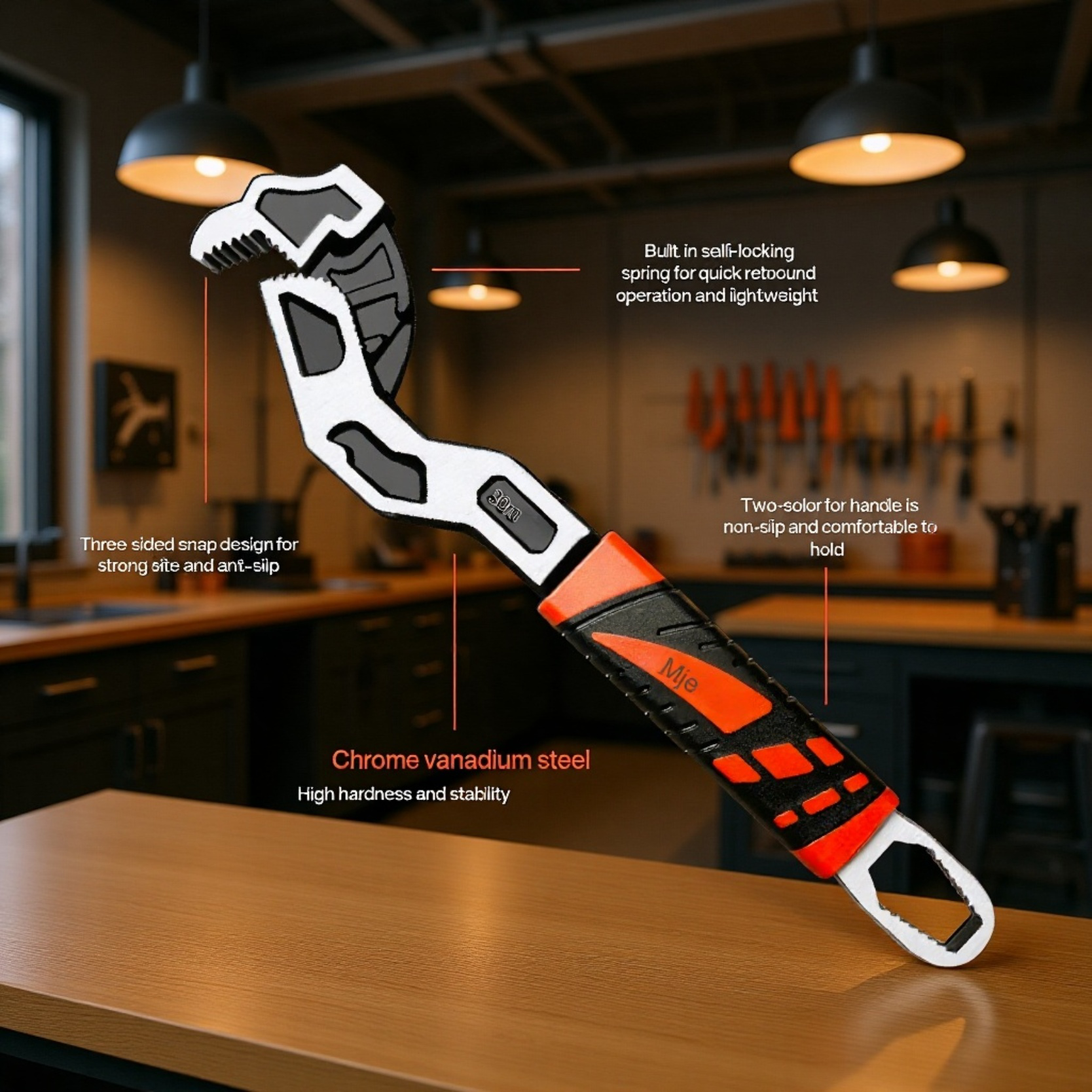 Self-locking wrench gripping a bolt