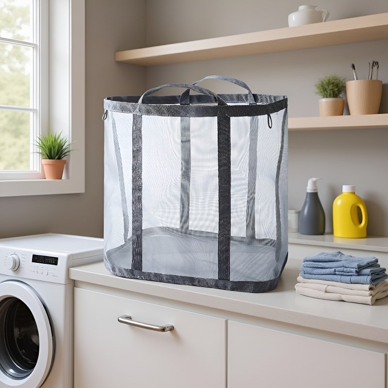 سلة غسيل شبكية بسعة كبيرة، محمولة وقابلة للطي، مثبتة على الحائط للاستخدام في الحمام.