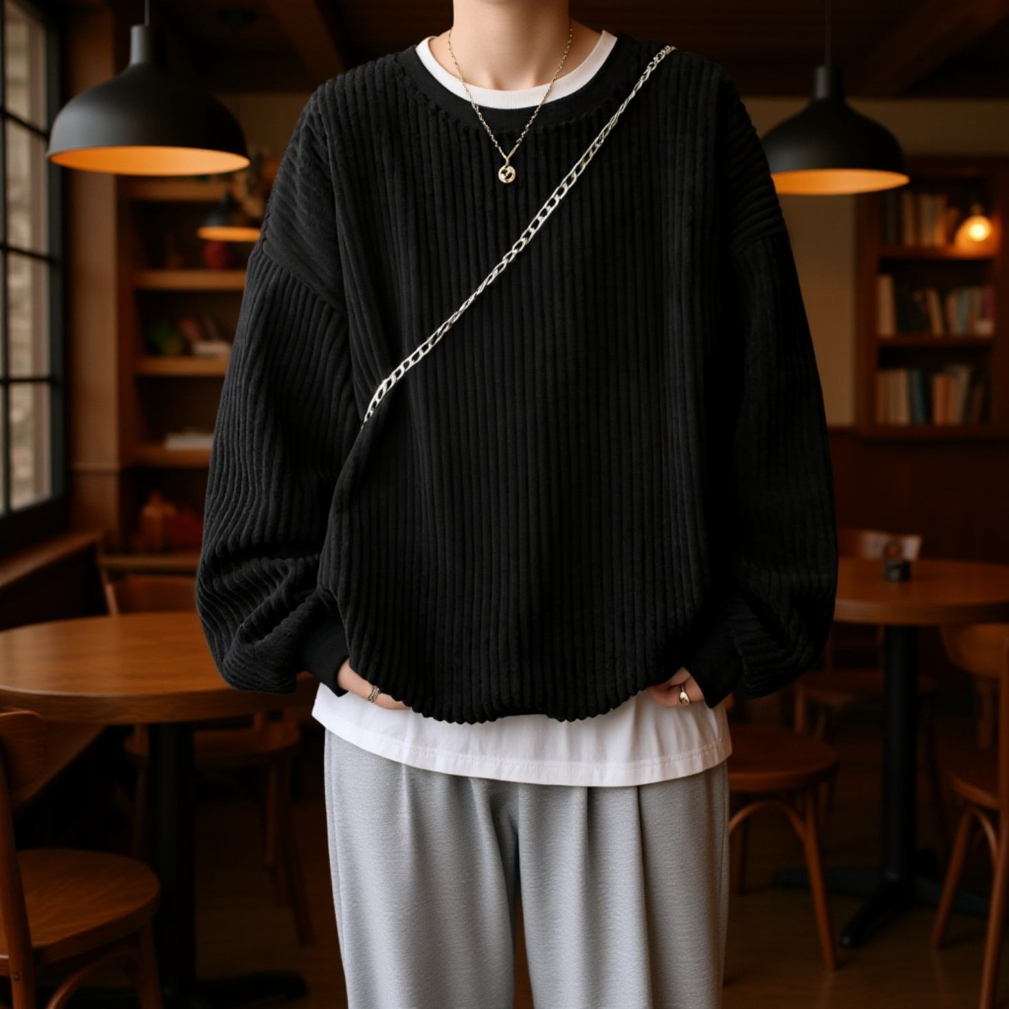 秋冬向け防寒メンズスウェットシャツスタイル