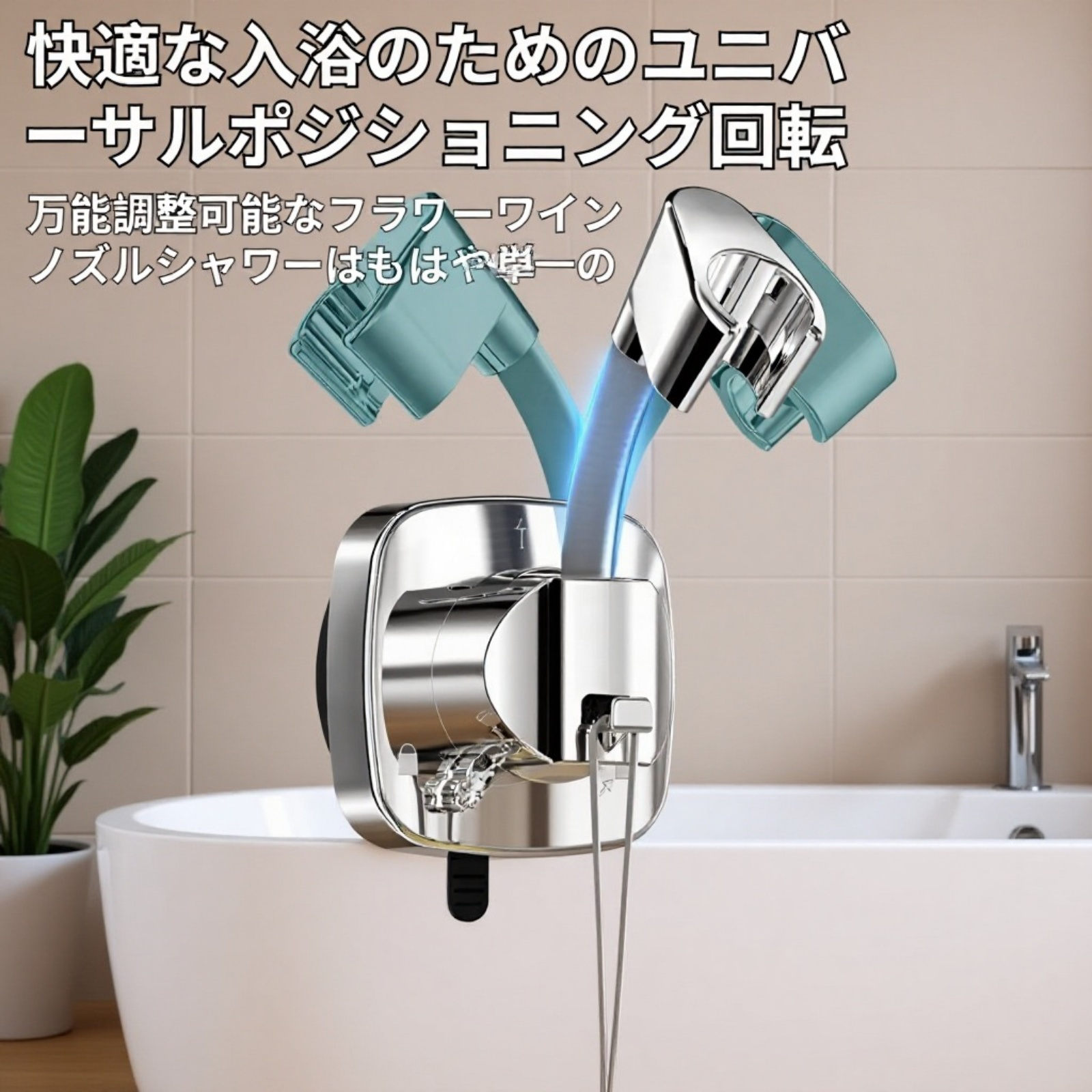 シャワーヘッドを固定した吸盤式シャワーブラケット