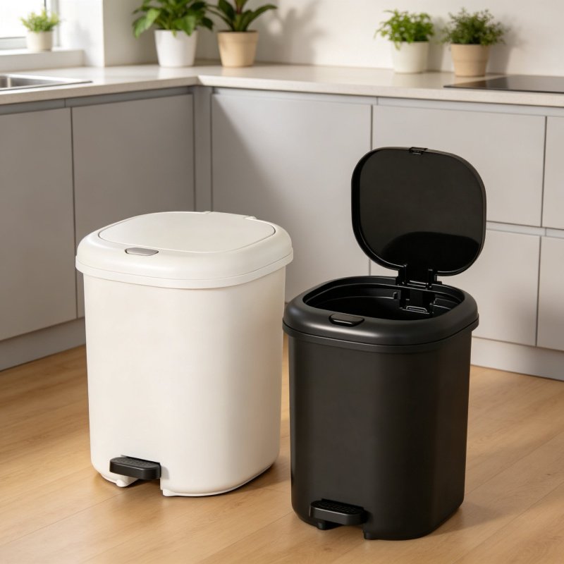 Вместительное мусорное ведро с ножным управлением и крышкой.