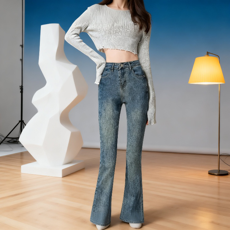 春用レディースハイウエストスリムパープルフレアデニムパンツ