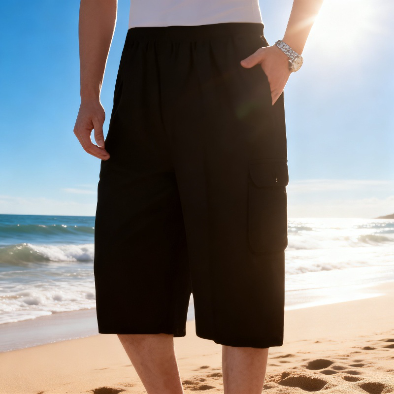 メンズカプリパンツ、中高年男性向けのゆったりとしたカジュアルなカプリパンツ、夏の父親の服装、父親の仕事用ショートパンツ