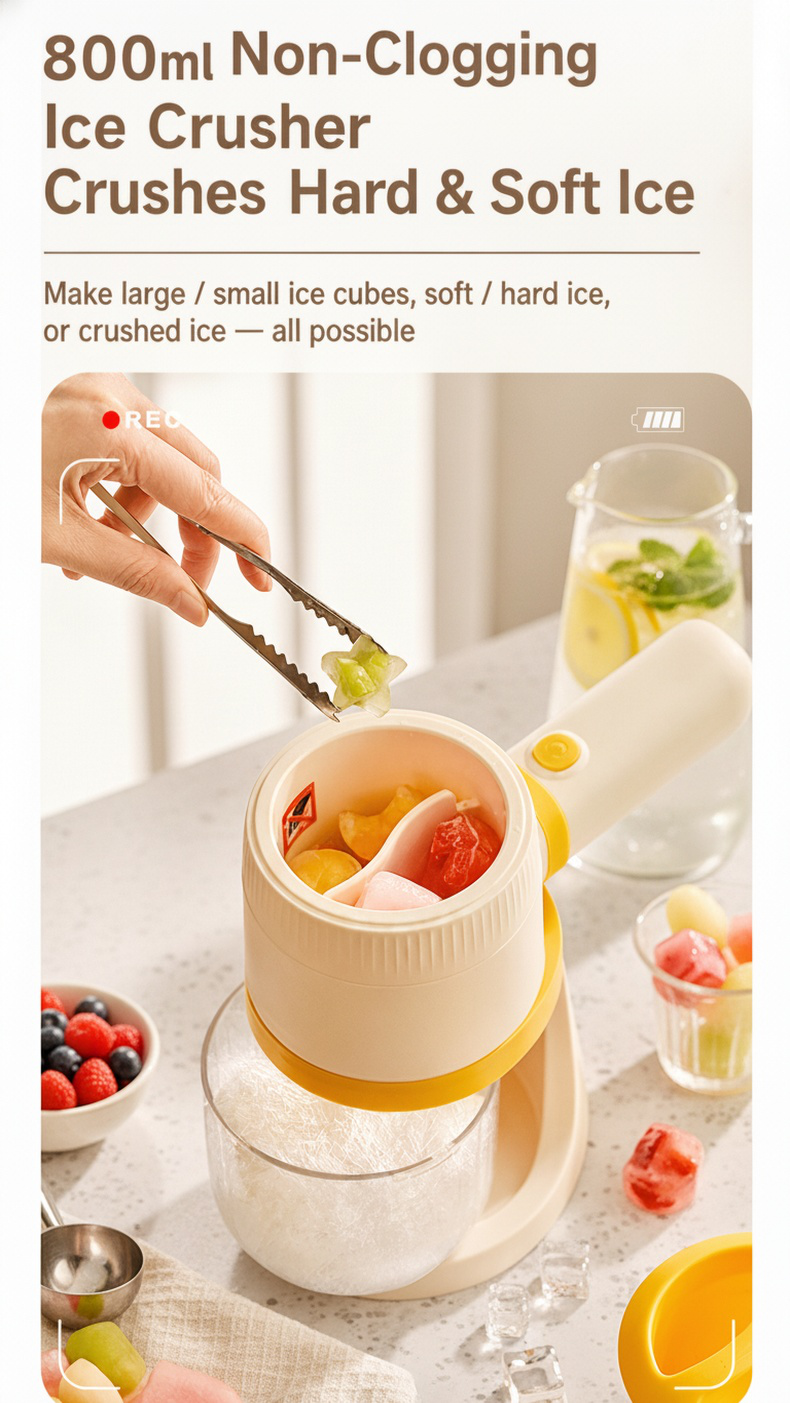 Compact electric ice crusher with stainless steel blades