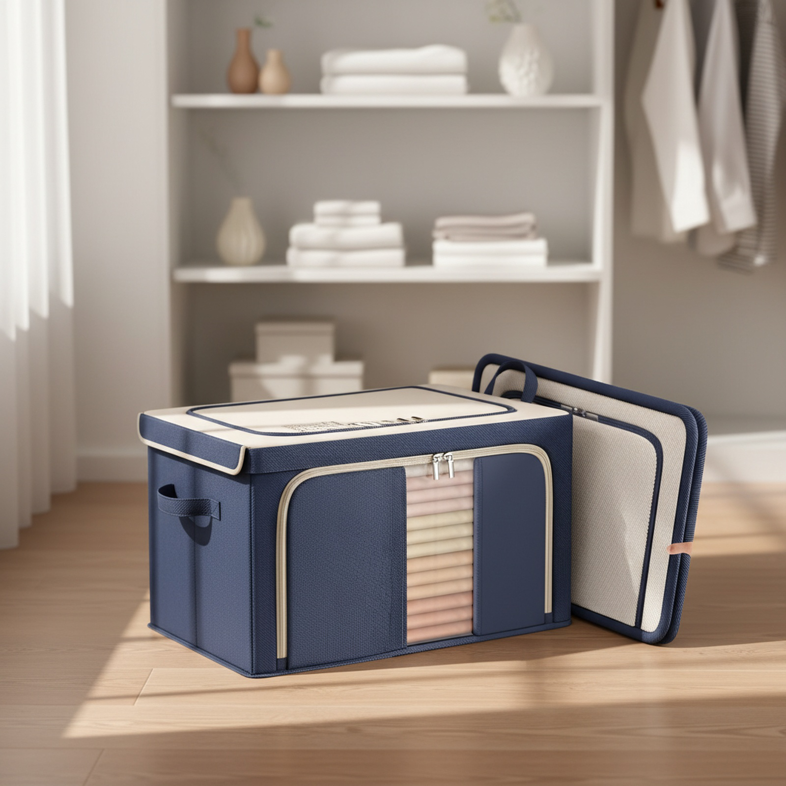 Dreiseitig zu öffnende faltbare Aufbewahrungsbox mit Stahlrahmen, ideal für Futons