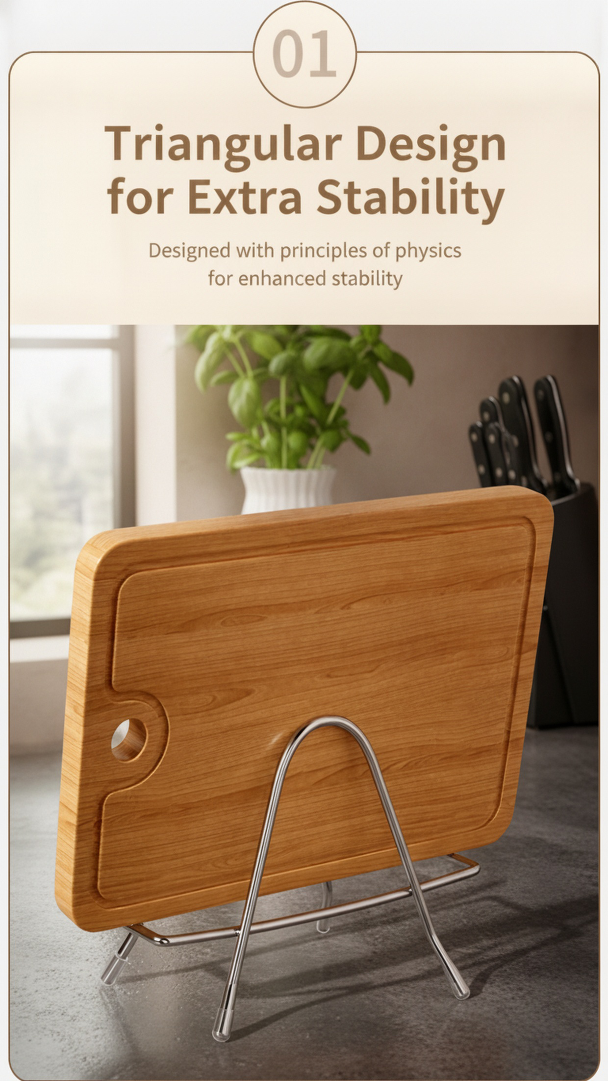 Space-saving kitchen organizer holding cutting boards and pot lids