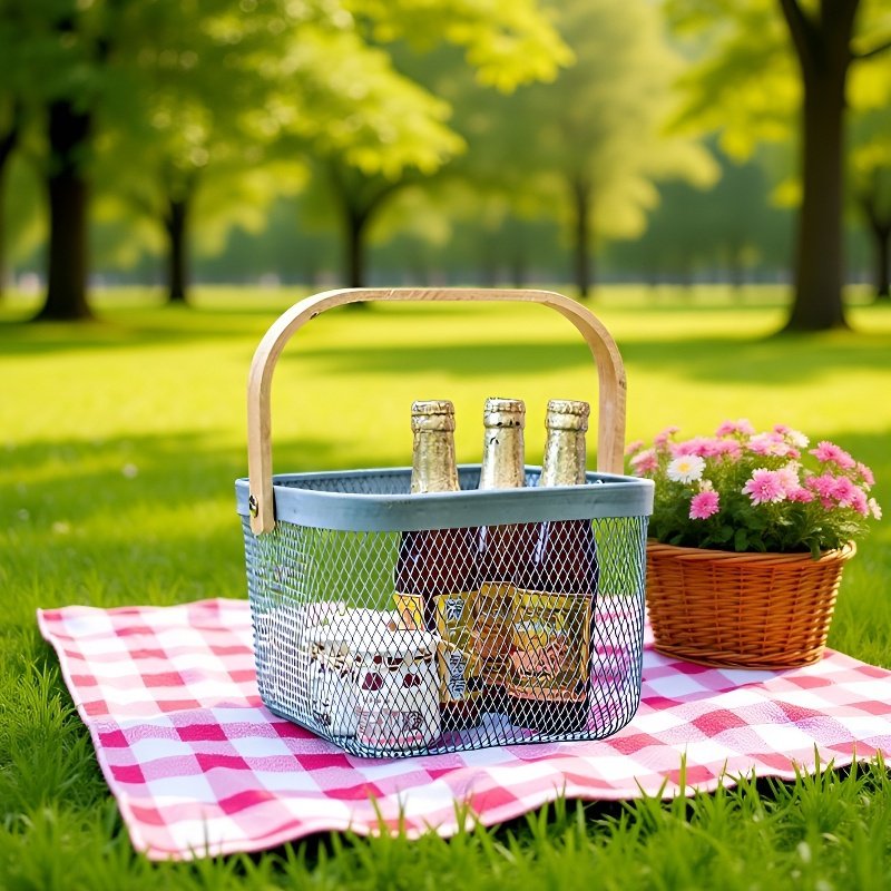  Portable Metal Mesh Fruit Basket with Wooden Handle for Home & Kitchen