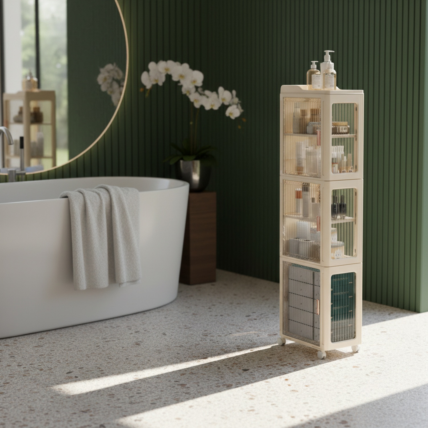 Système d'ouverture et fermeture facile pour étagère salle de bain