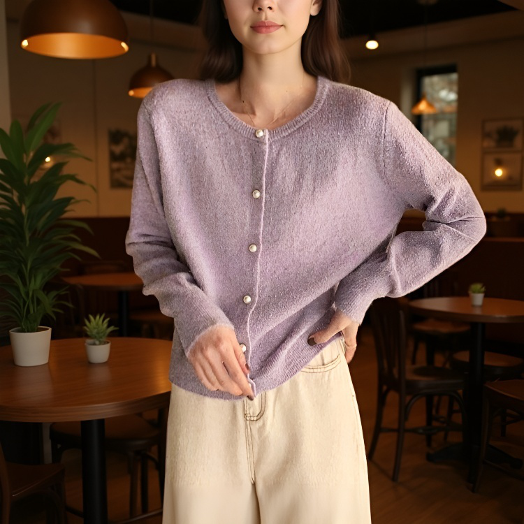 여성 봄가을용 솔리드 컬러 니트 가디건 디테일