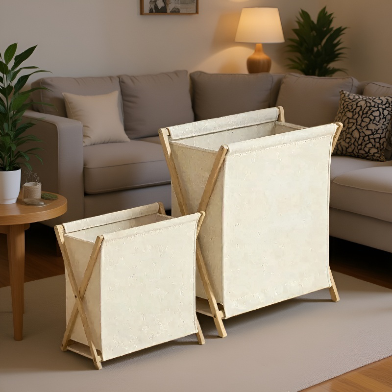 YHAFM 대나무 원목 세탁 바구니, 견고하고 접이식 친환경 PVC 소재로 제작된 가정용 수납   정리함