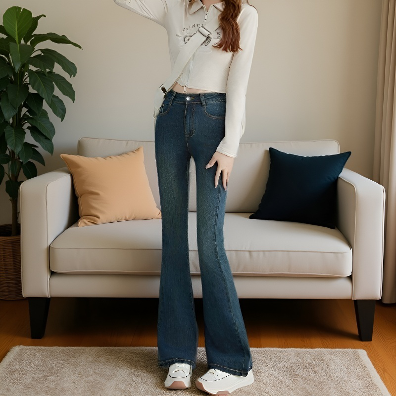 小さめハイウエストワイドジーンズ女性春春スリム細めマイクロフレアワイドパンツ