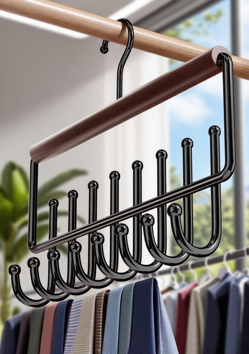 ブナ無垢材多機能ハンガー 16フック付き ネクタイ・ベルト収納