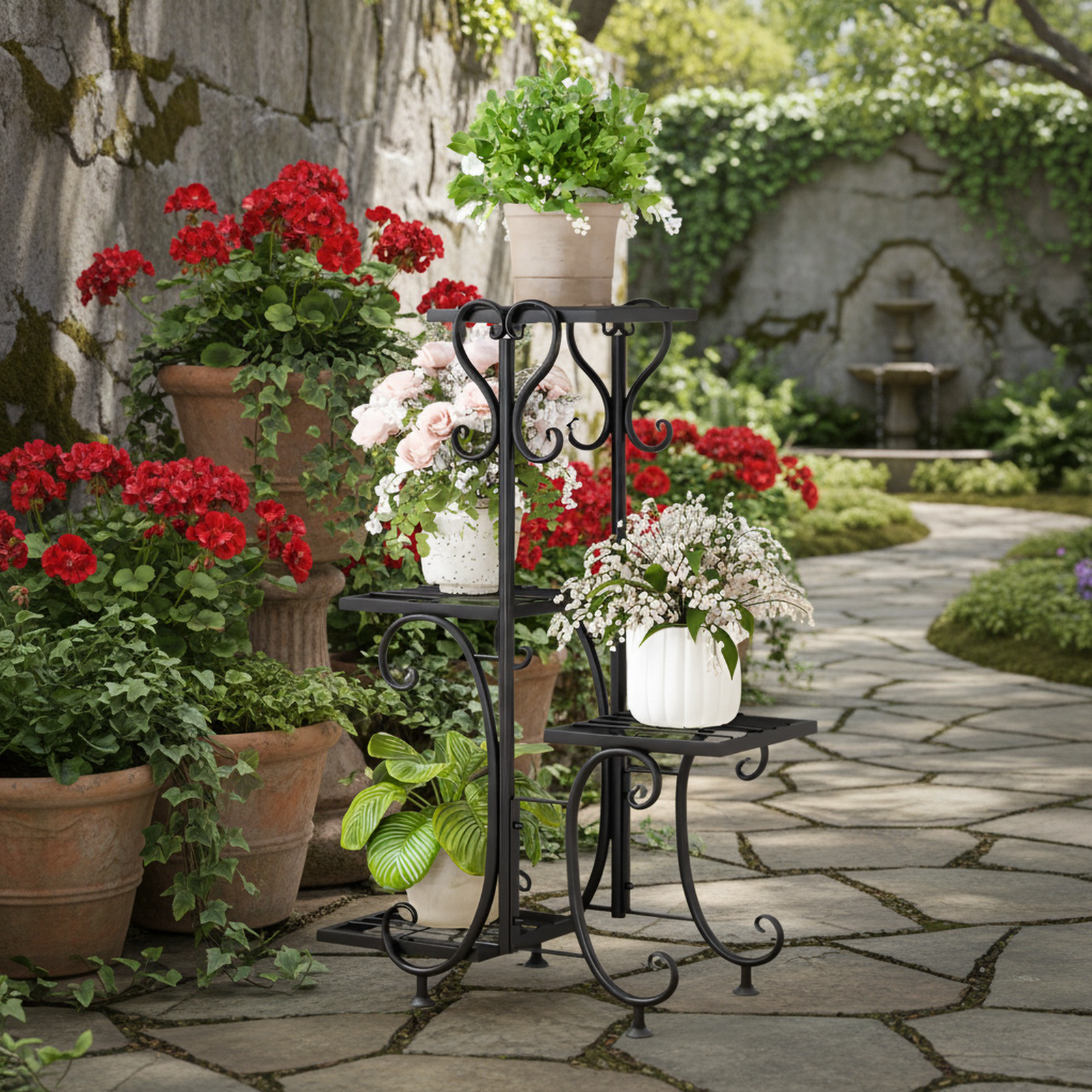 Bodenstehendes Gartenregal aus Schmiedeeisen, nordischer Stil, 50x80x25cm