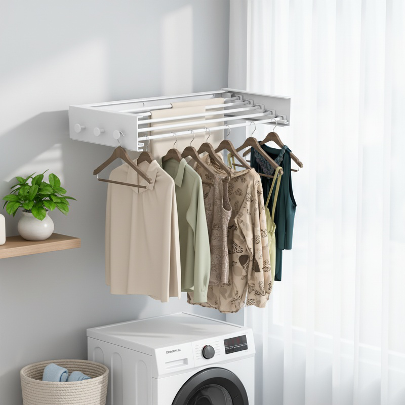 Space-saving foldable drying rack mounted on the wall with clothes hanging