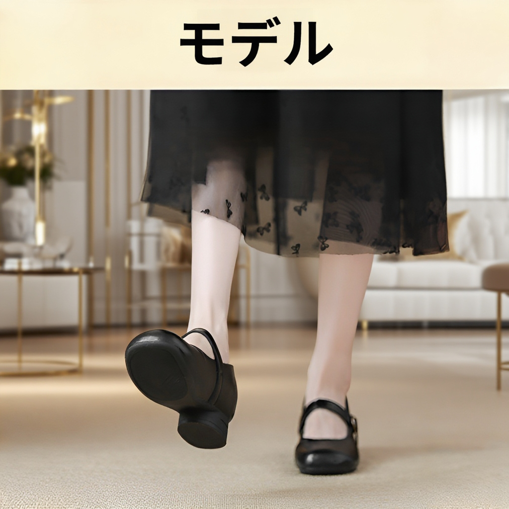 一文字ストラップ付きラウンドトゥインヒールマリージェーンシューズ