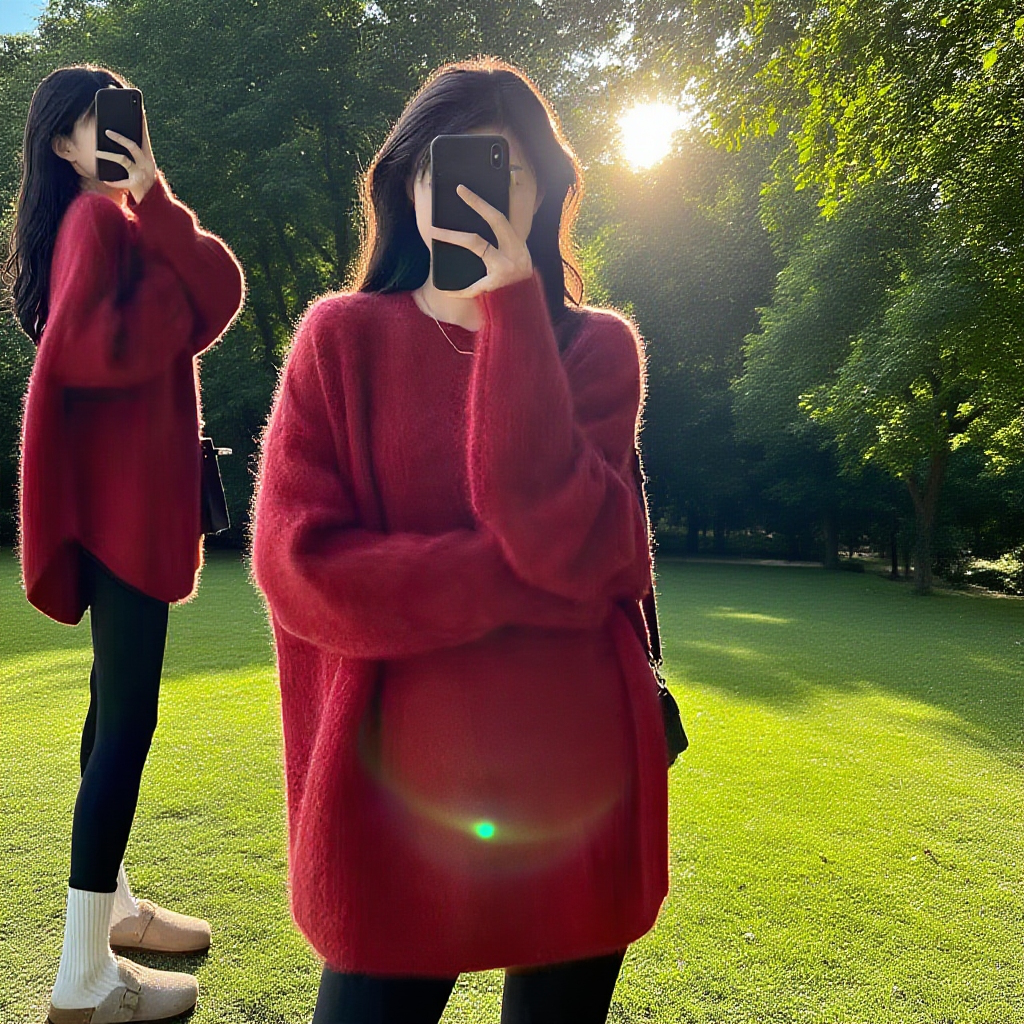 シンプル無地長袖クルーネックニットセーター