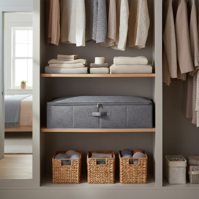 Under-bed storage box, foldable transparent fabric cover, for storing blankets, clothes, shoes, and 