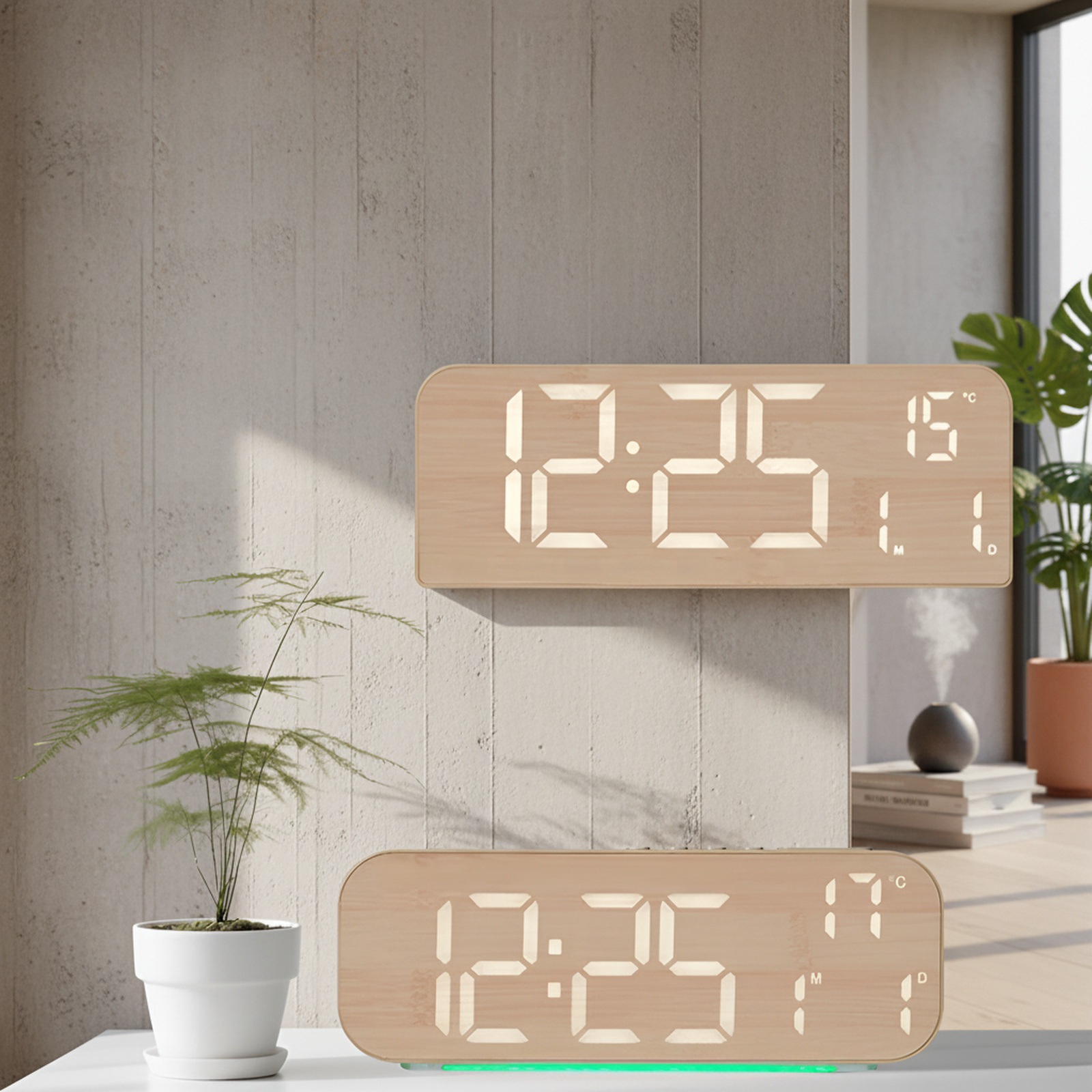Elegante LED-Tischuhr mit Wochentaganzeige und Holzmaserung