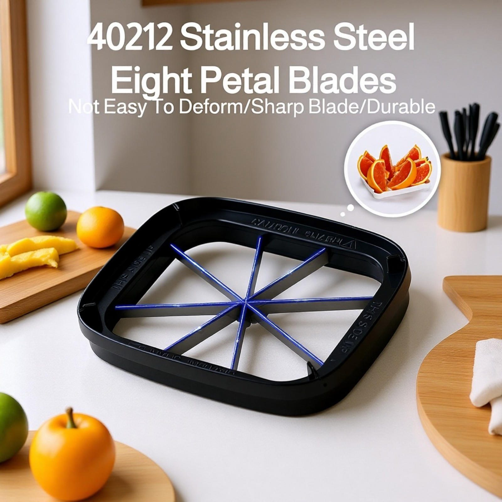Close-up of stainless steel apple and tomato slicer