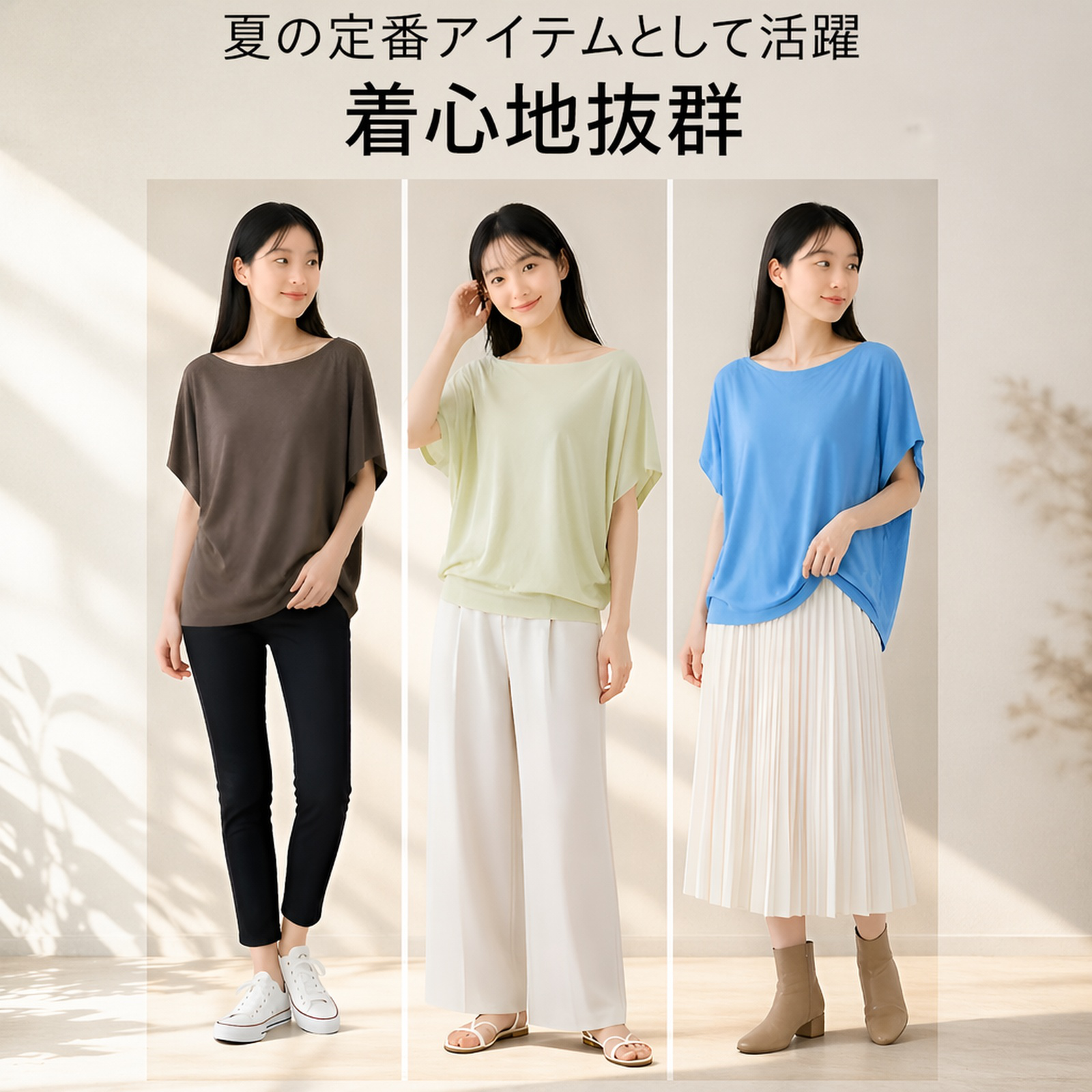 肩出しのオーバーサイズTシャツ。夏にぴったりの、軽やかでシンプルなドレープ感のあるレディーストップス。
