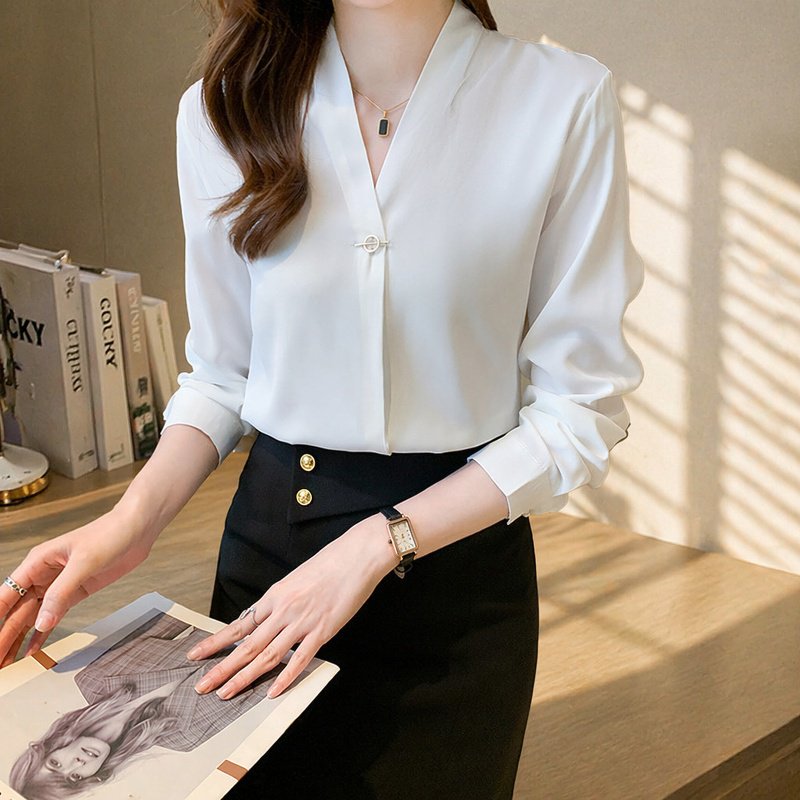 브이넥 쉬폰 화이트 셔츠