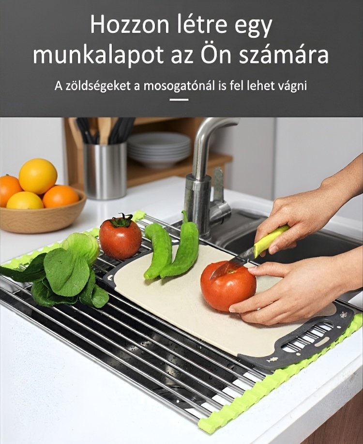 Rozsdamentes acél edényszárító állvány közelről