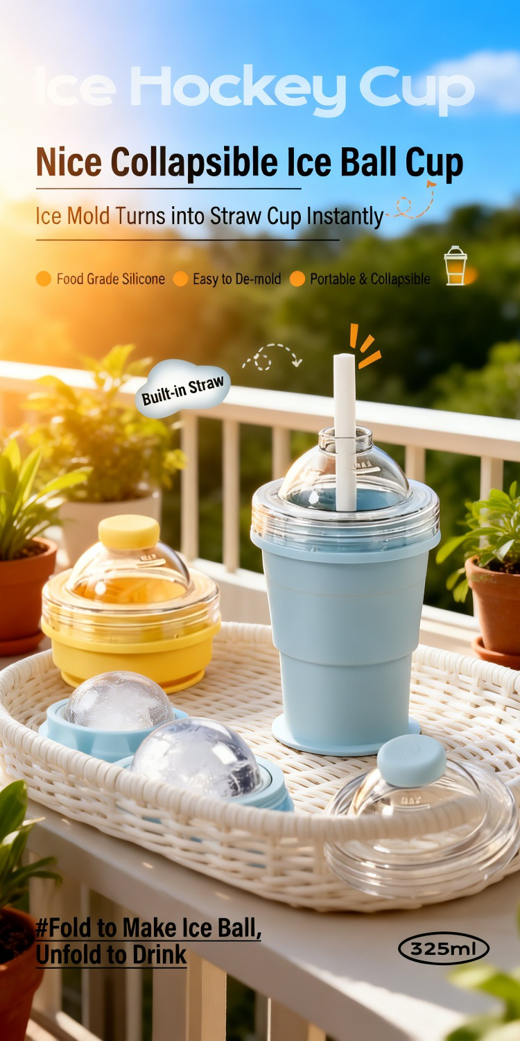 Collapsible ice hockey cup with straw for travel