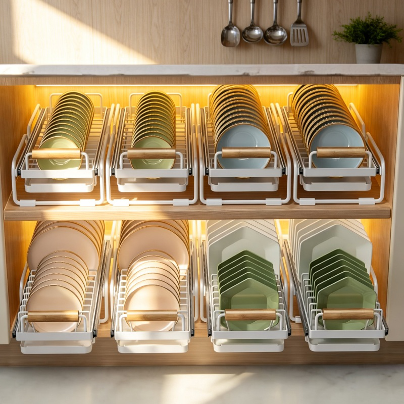 Organizador de platos antideslizante con drenaje para armario de cocina