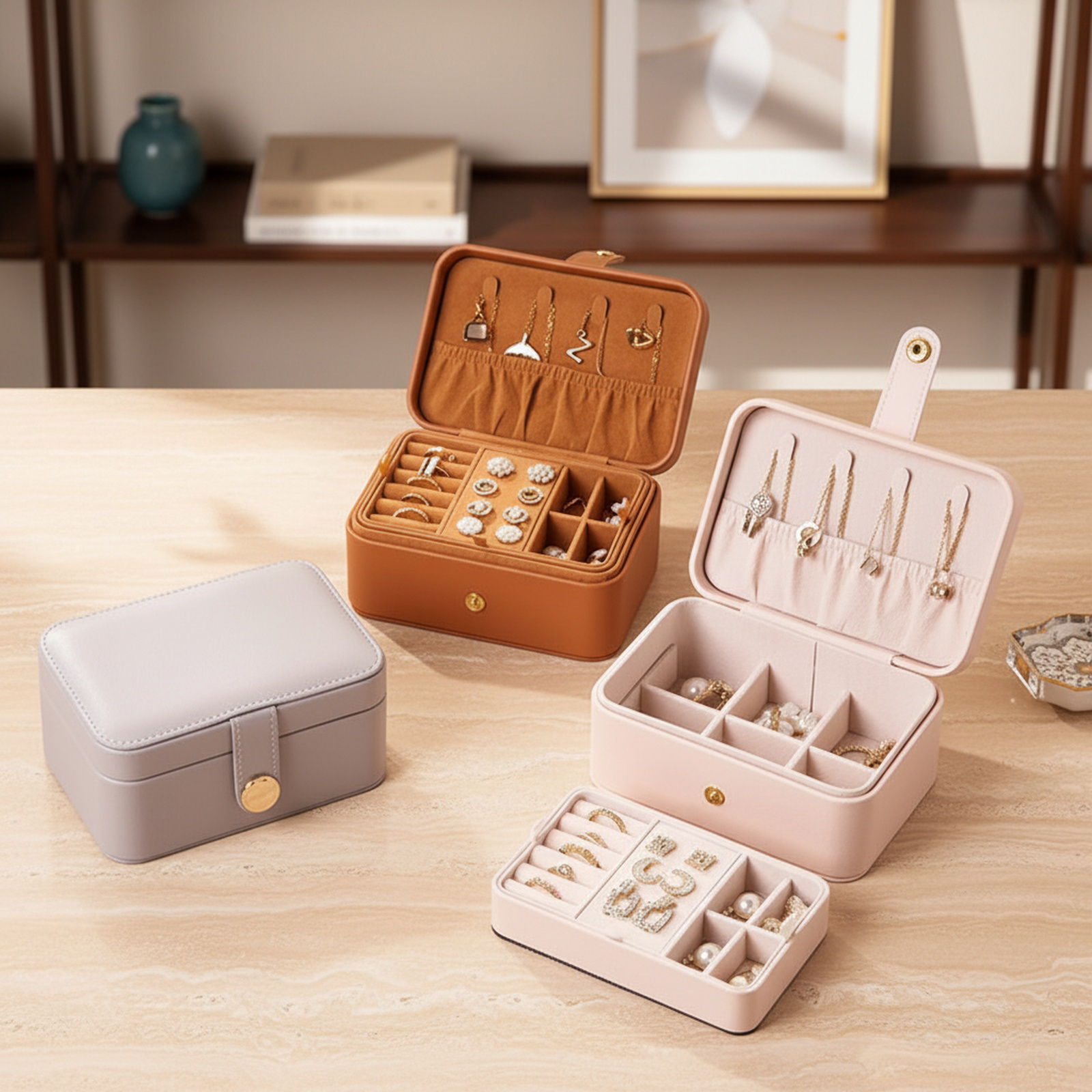 Boîte à bijoux en cuir à deux niveaux, portable
