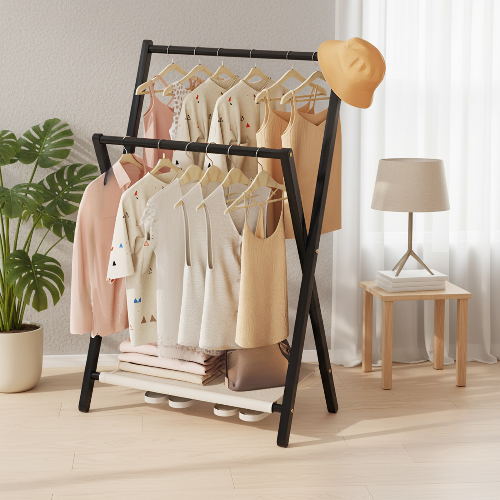 Eco-friendly bamboo clothes rack for indoor storage