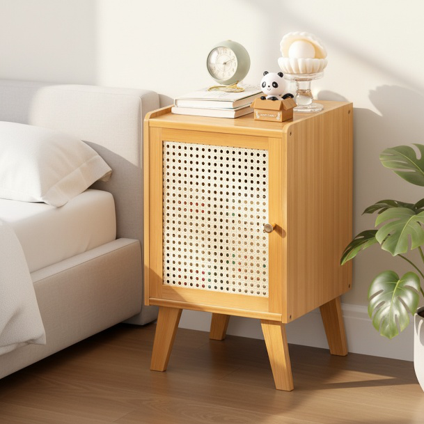 Compact bedside table in rental room setup