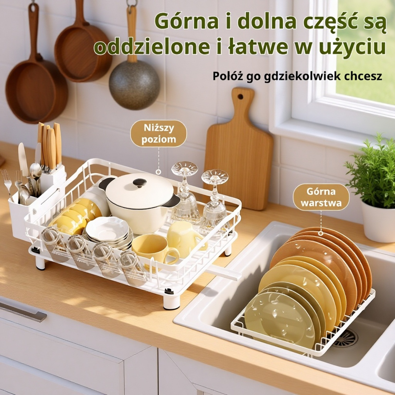Dwupoziomowy zdejmowany stojak na suszenie naczyń z koszem