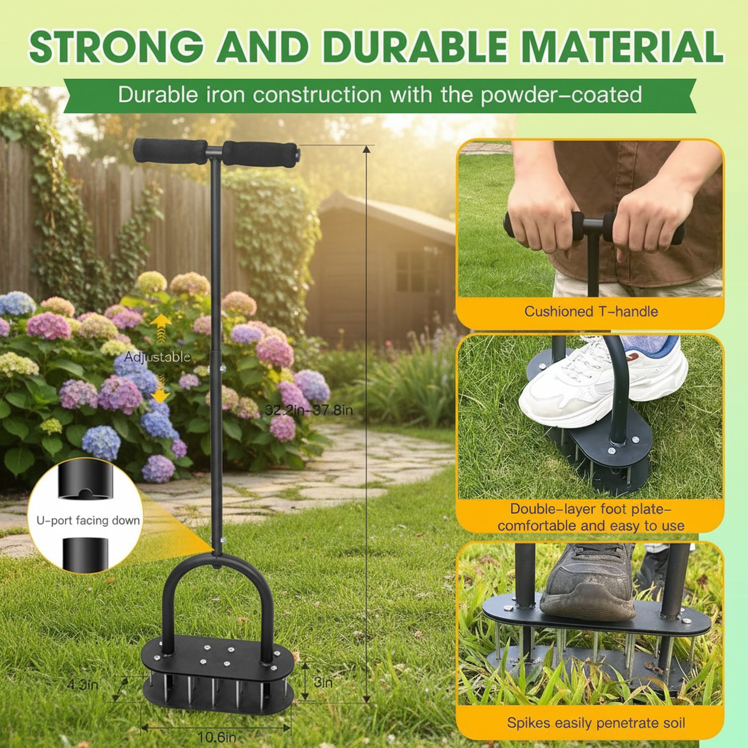 Carbon steel lawn loosener, garden aerator, soil perforator