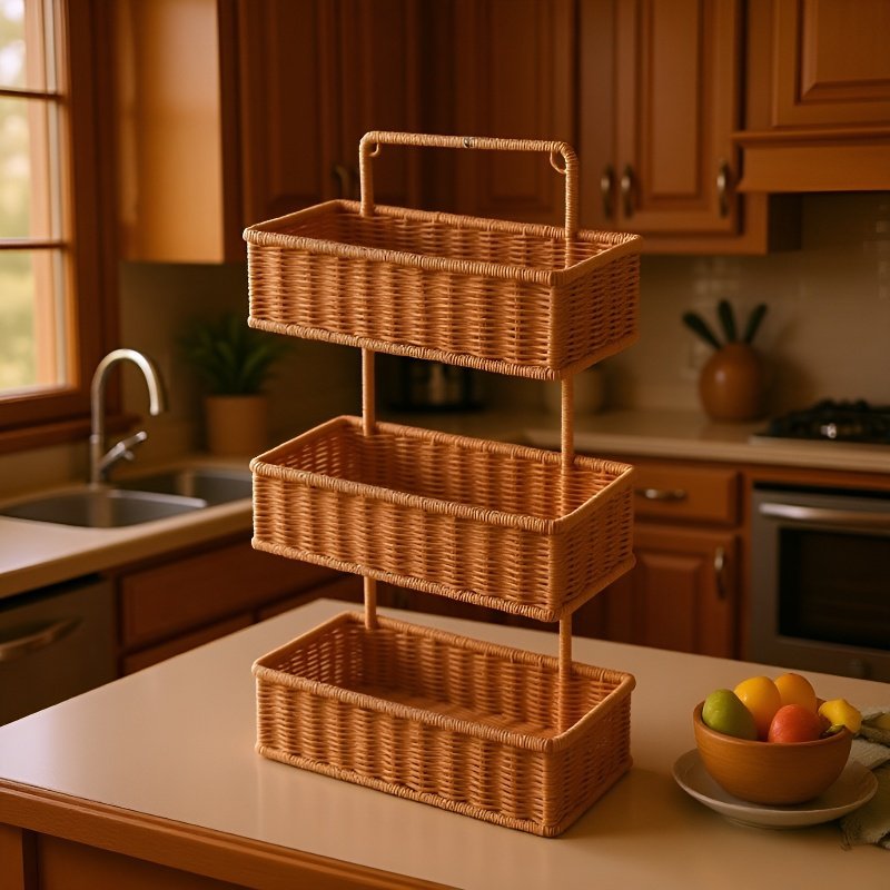 Multi-Layer Rattan-Style Bathroom Shelf, No-Drill Kitchen Storage Rack