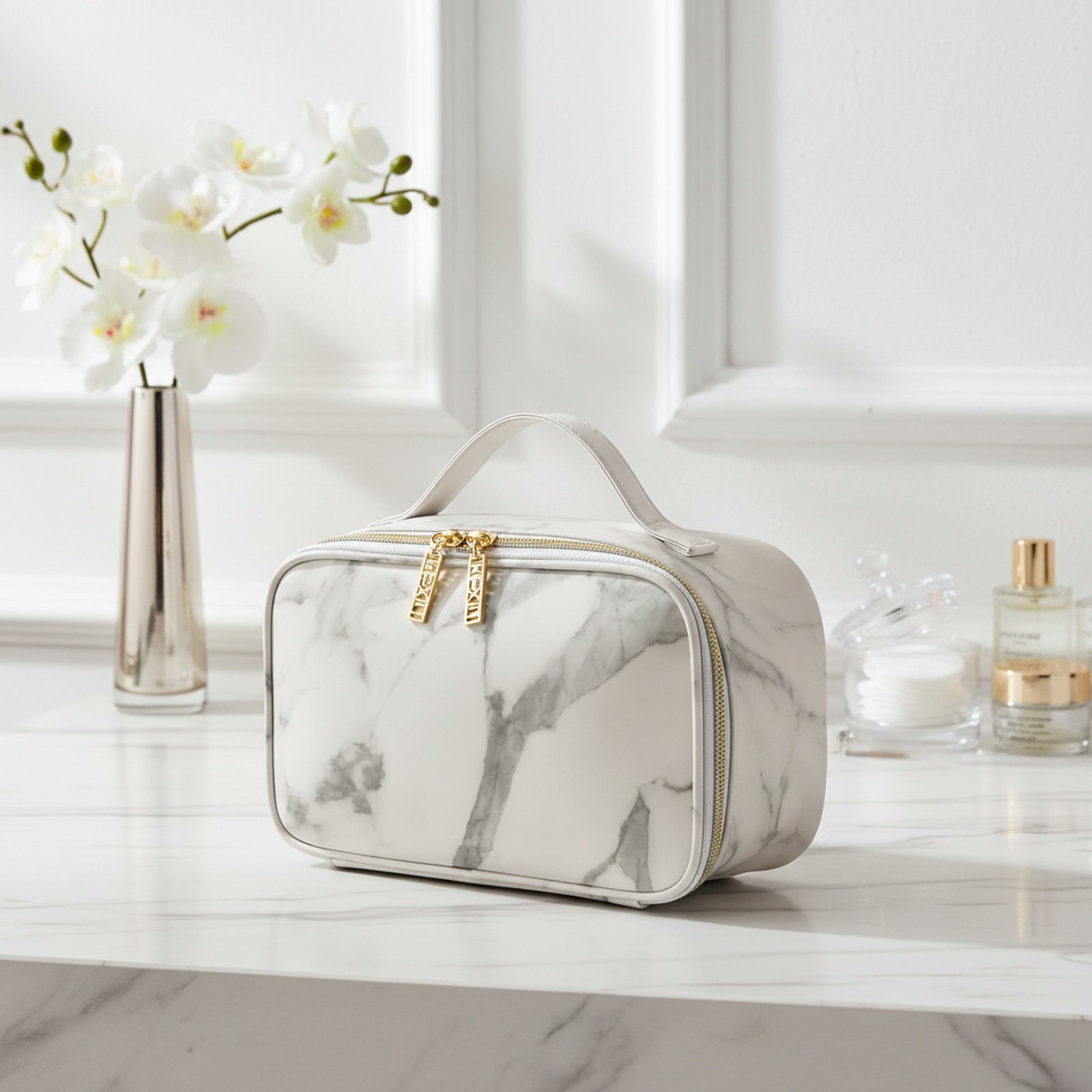 Large Travel Bag with Marble Pattern Makeup Pouch