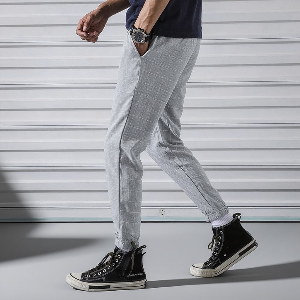 メンズチェック柄リネンテーパードパンツ