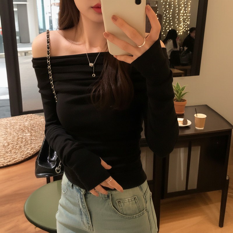 허리 조이는 쇼트 상의 셔링 섹시 쇼트 상의 긴팔 티셔츠 여 슬림핏 허리 조이는 봄옷