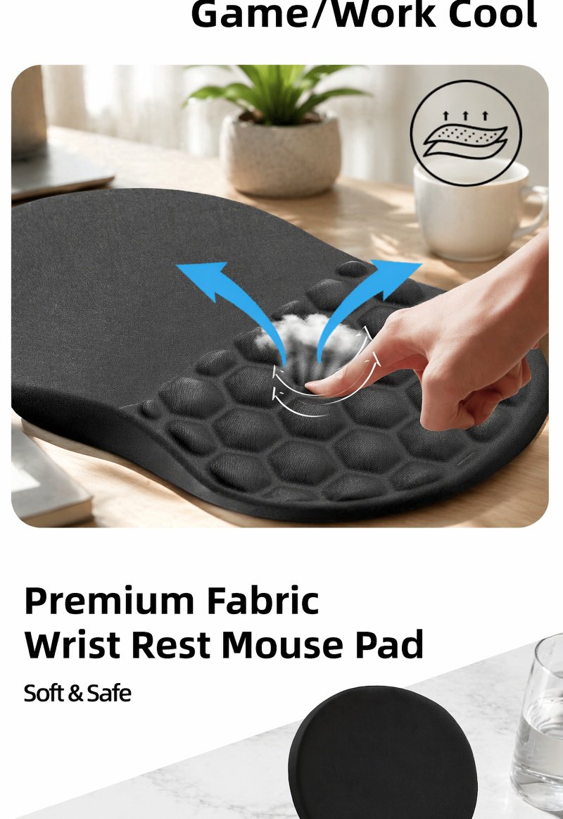 Close-up of wrist support pad with sloped design for comfort