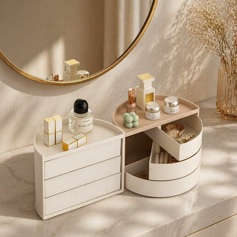 Estante giratorio para organizar maquillaje con múltiples compartimentos