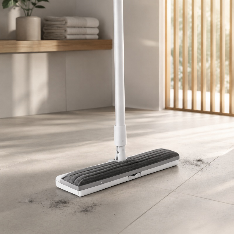 Domácí mop s absorpční bavlněnou hlavicí na dřevěné podlaze