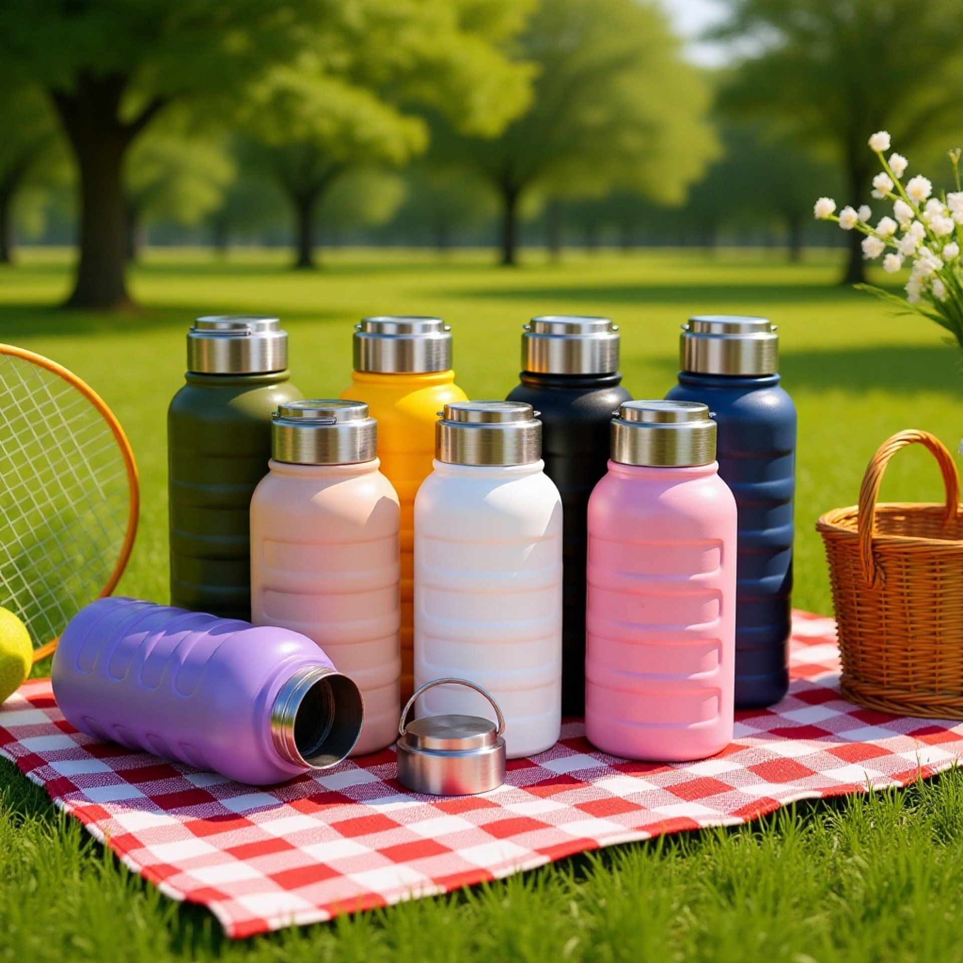 Mujer usando la taza térmica en la oficina