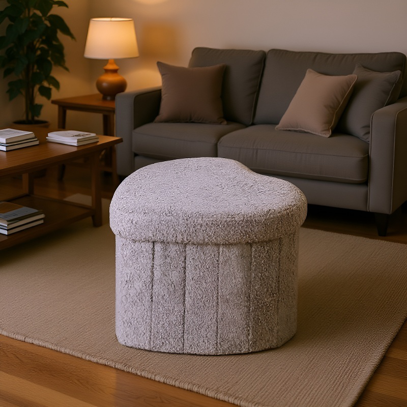 Tabouret de rangement multifonctionnel en forme de cœur, tissu Teddy, format compact