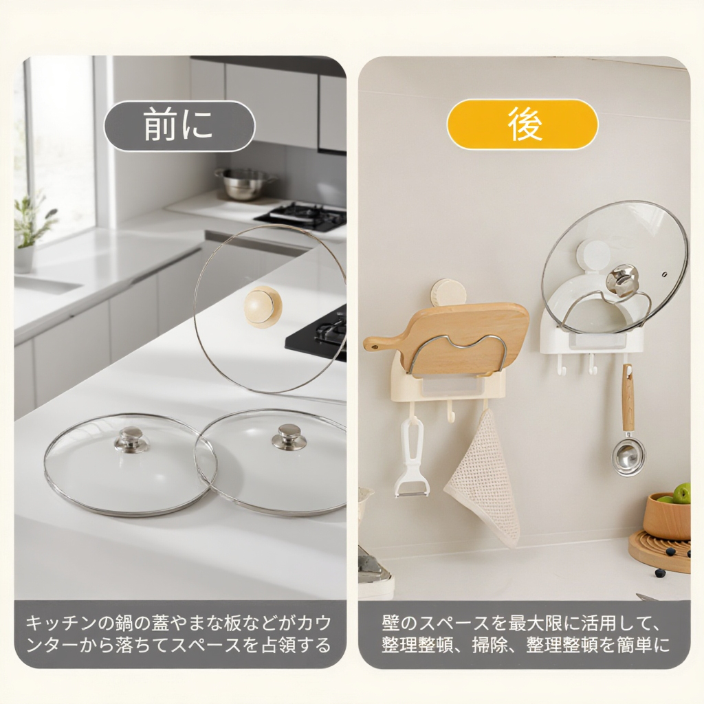 強力な吸盤付き壁掛けポット蓋ラック